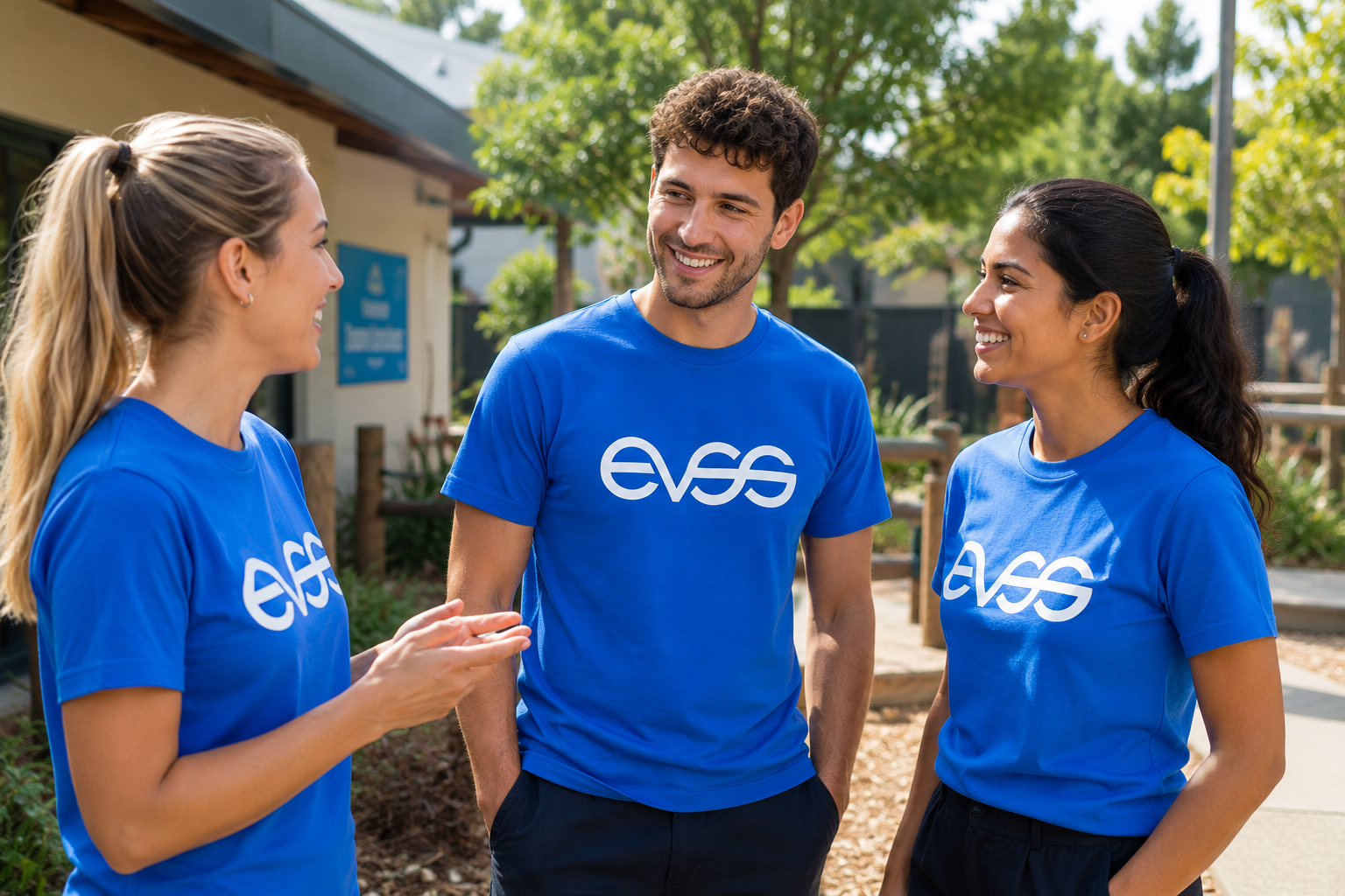 Three EVSS team members in blue EVSS shirts chatting warmly outside a community building — the everyday EVSS team in the field