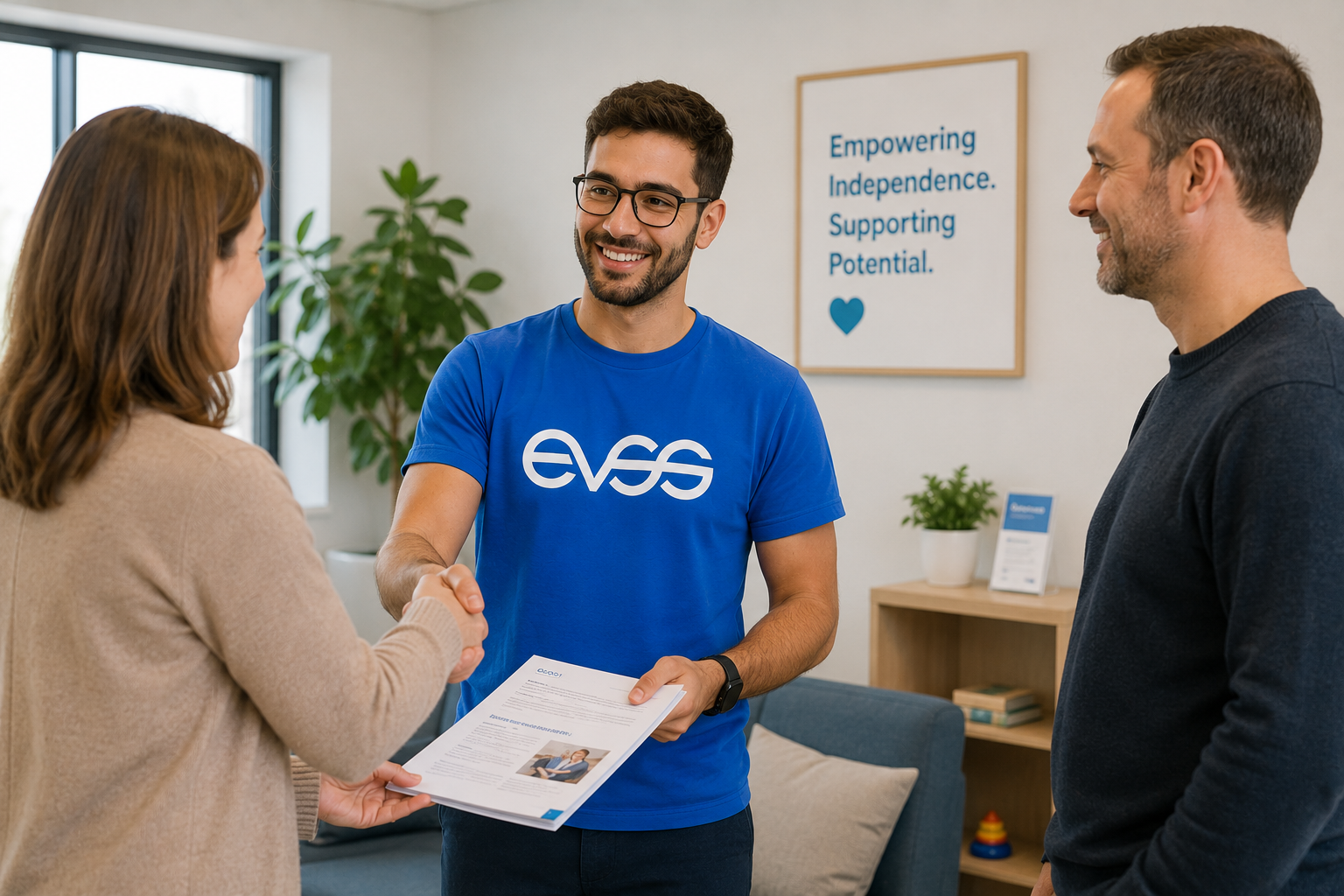 EVSS practitioner in blue EVSS shirt warmly greeting a parent and Support Coordinator — handing over a printed information pack in front of an Empowering Independence. Supporting Potential. poster