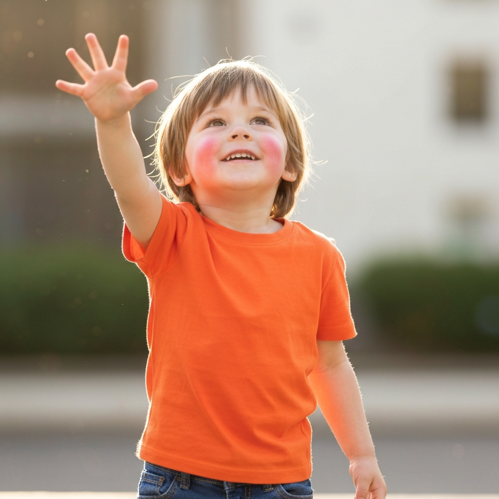 A primary school child confidently reaching upward in soft sunlight