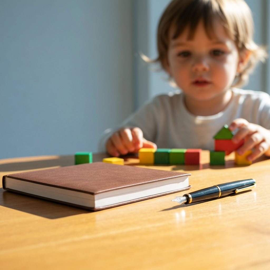 A notebook and pen on a sunlit table next to a child playing with wooden blocks