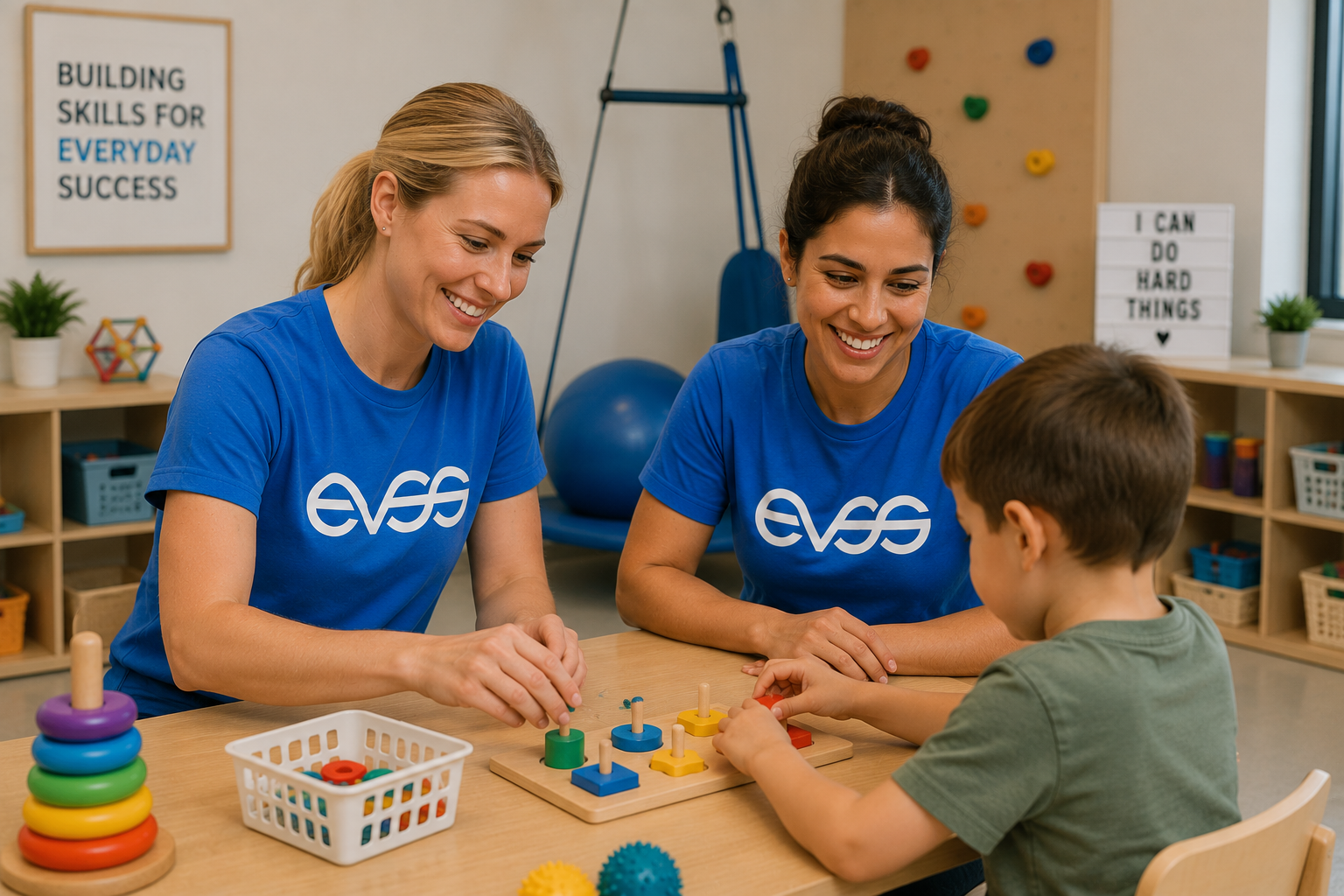 EVSS Occupational Therapists running a peg-board fine-motor session with a young boy