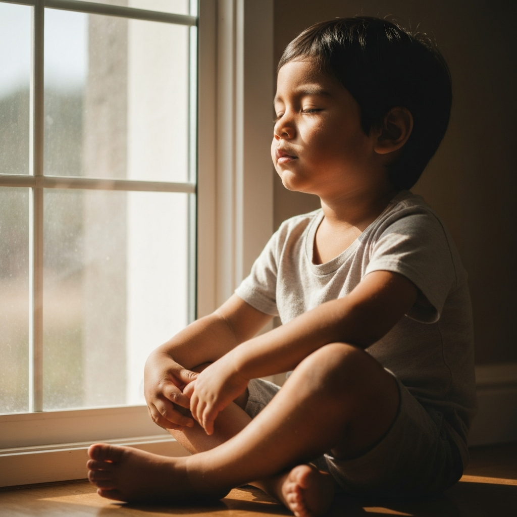 A young child peacefully sitting cross-legged near a sunny window