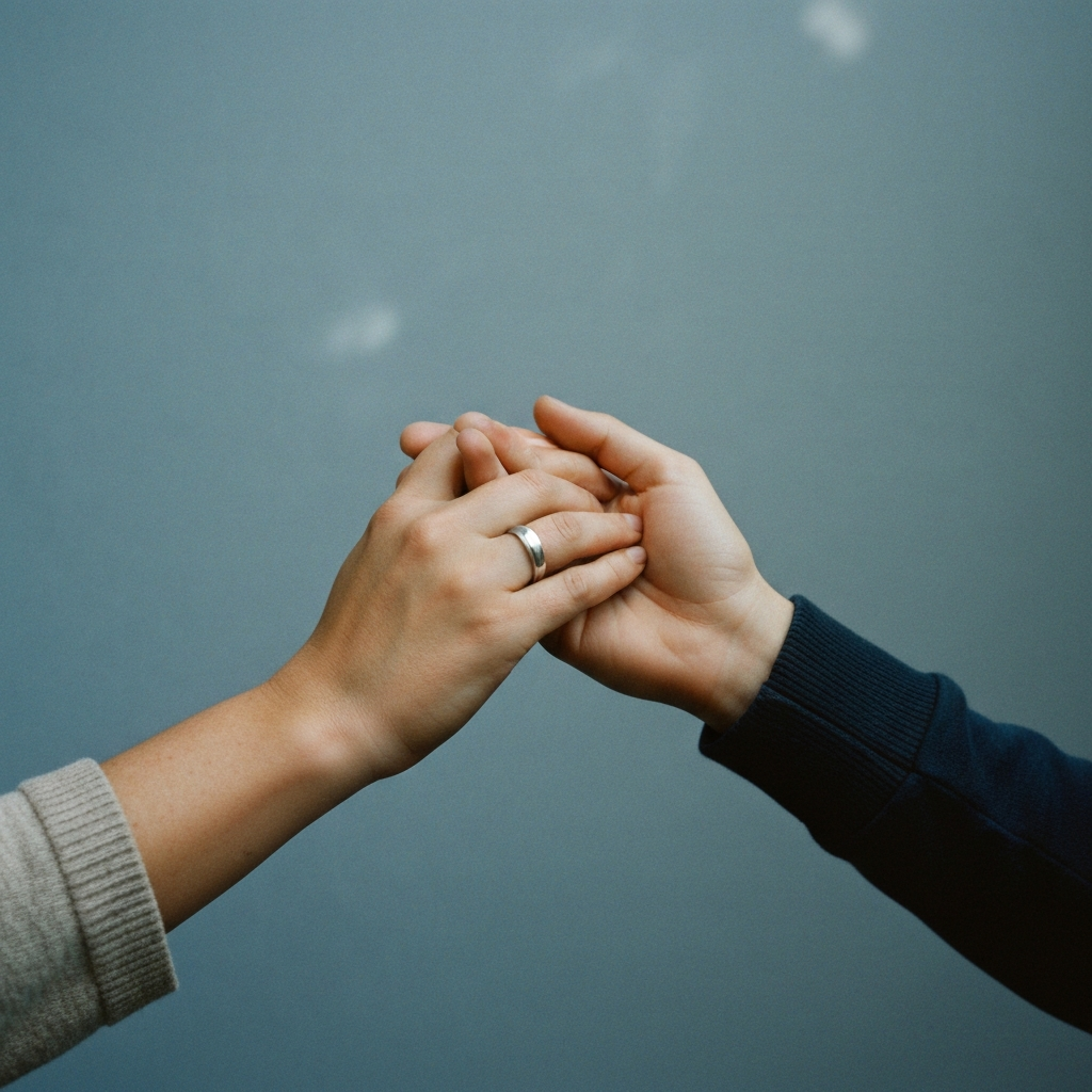 Two hands gently holding each other in soft natural light — warmth and trust