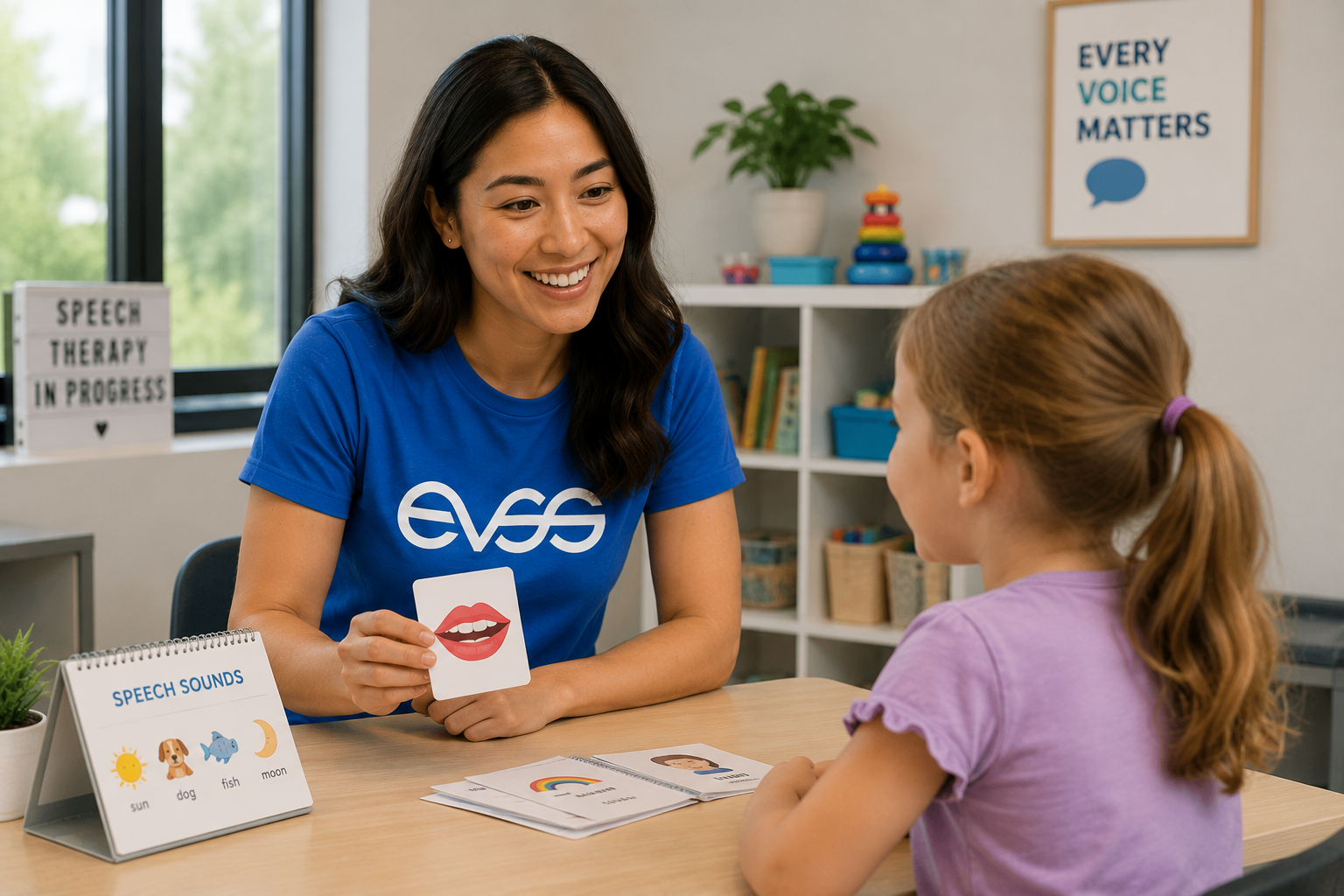 EVSS Speech Pathologist using articulation flashcards with a young girl — Every Voice Matters poster in the background