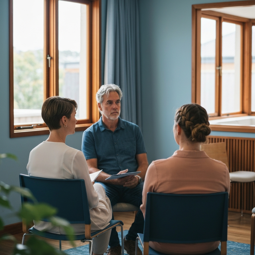 A calm workshop with three adults seated listening attentively