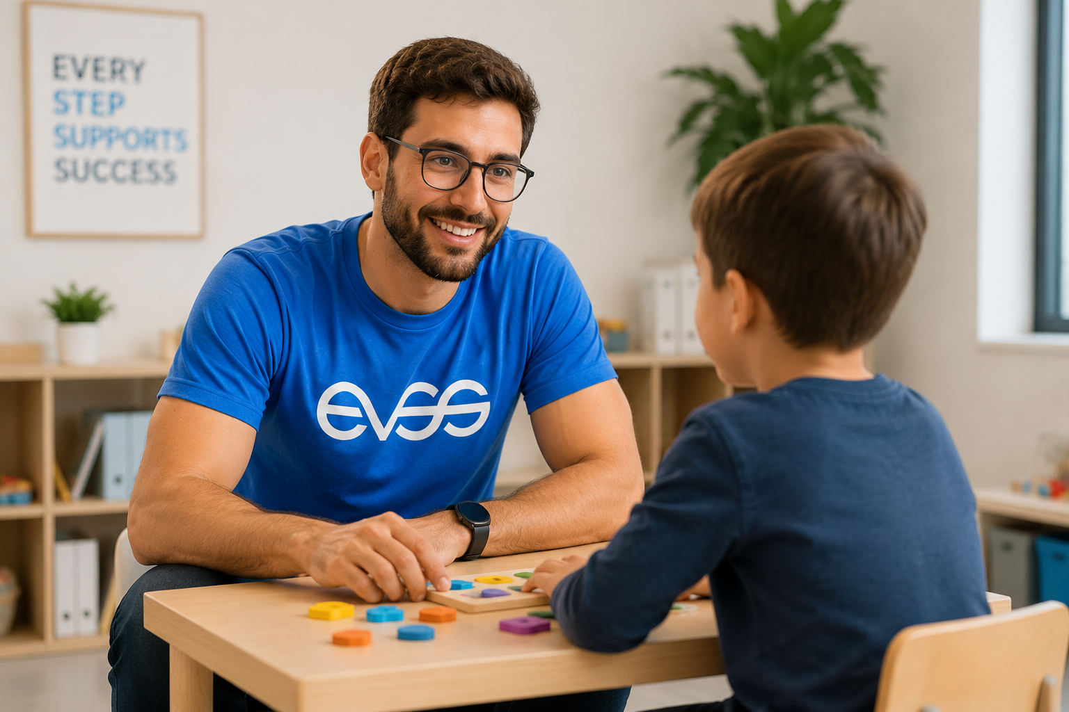 EVSS Behaviour Support Practitioner in EVSS blue shirt working one-on-one with a primary-school-aged boy on a shape-matching activity — Every Step Supports Success poster in the background