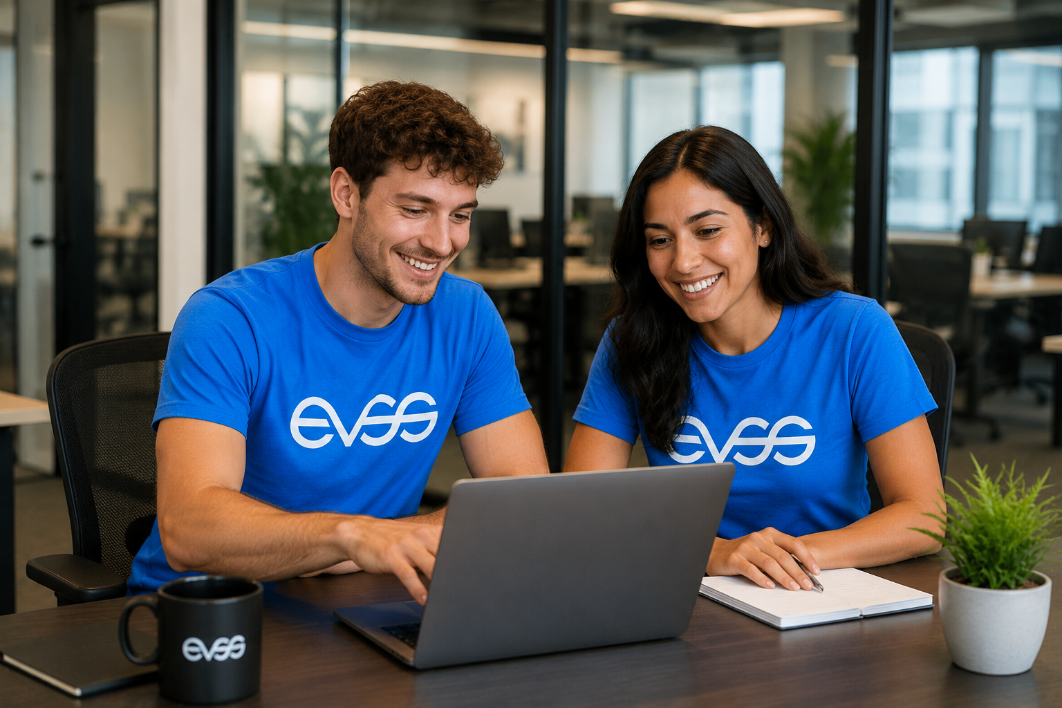 Two EVSS team members in blue EVSS shirts working together at a laptop in a bright office — booking-in a new participant referral