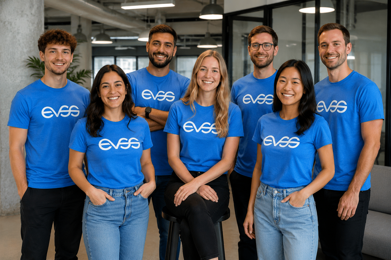 The EVSS practitioner team — seven Behaviour Support Practitioners in EVSS branded shirts.